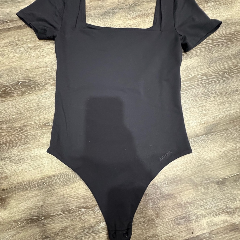 Aritzia Black Bodysuit Square Neck Flutter Sleeves